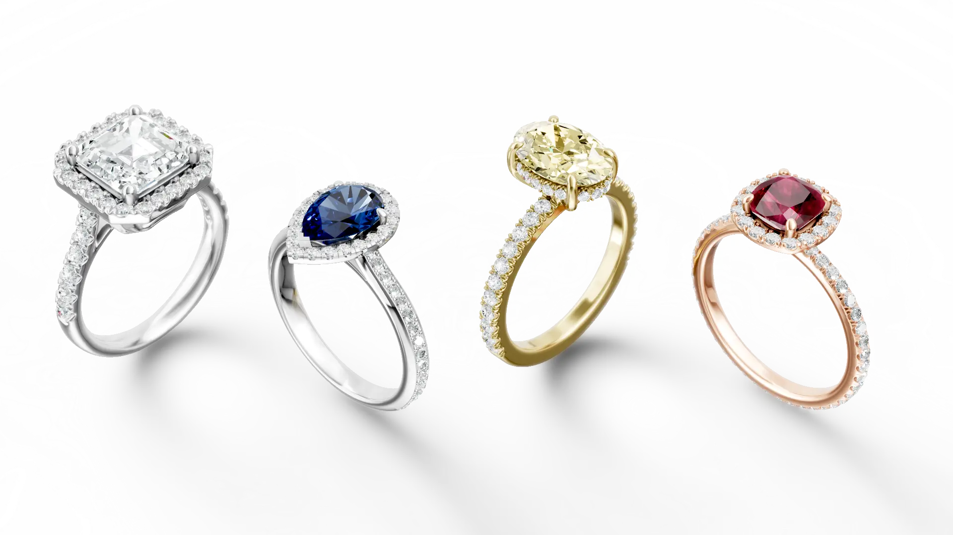 Diamond, sapphire, yellow and ruby rings
